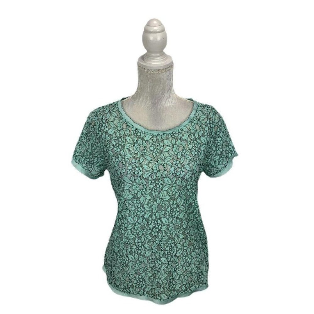 LOFT Lace Top Mint Green‎ Exposed Zipper Keyhole MP